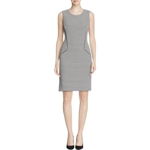Calvin Klein Striped Navy and White Sleeveless Midi Career Office Dress - Picture 1 of 11